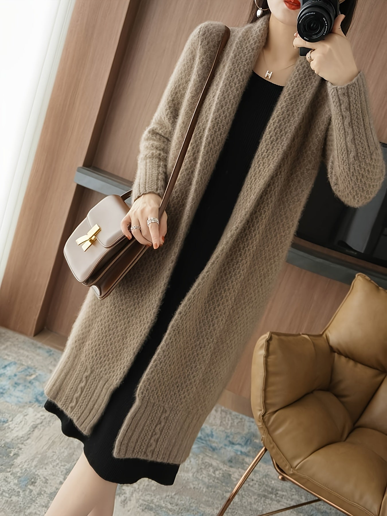 Women's Long Cardigan Sweater Knit Fabric Over-the-Knee Solid Color Autumn Winter