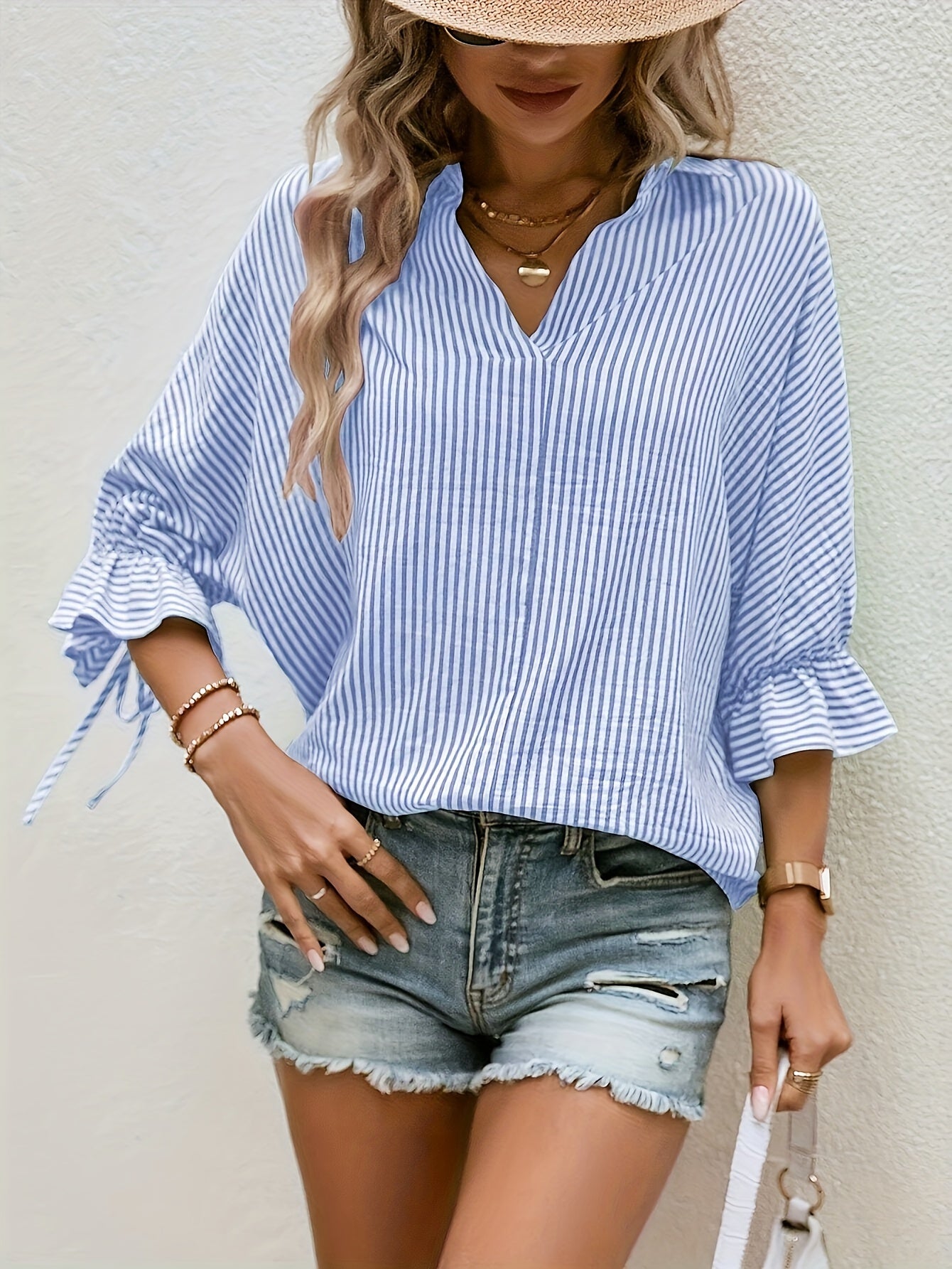 Women's Striped Polyester Shirt V-Neck Casual Spring Summer Fall
