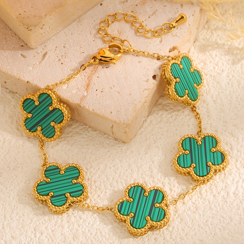 Set of 4 Gold Plated Stainless Steel Flower Bracelets with Rhinestones Boho Style for Women