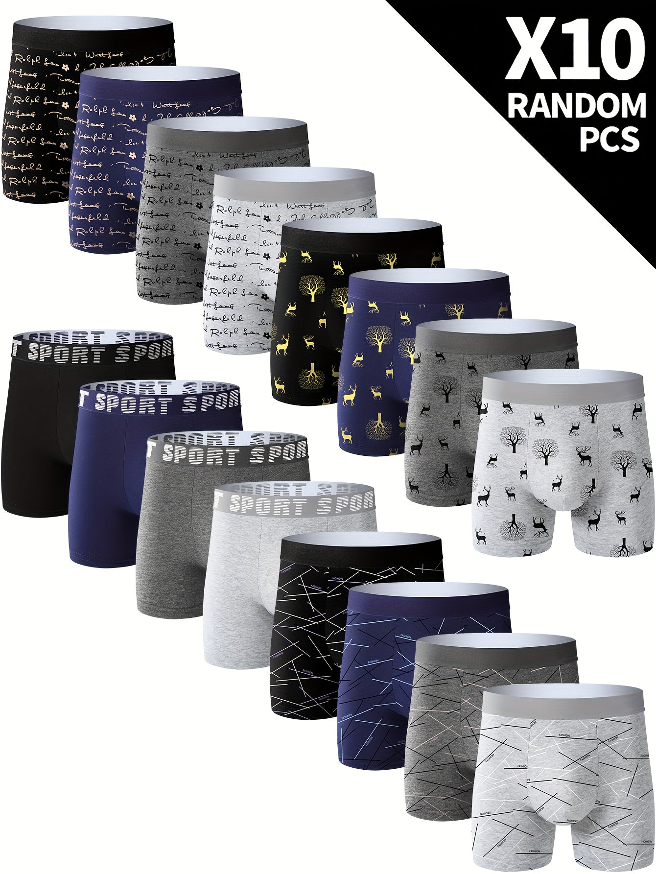 Set of 10 Men's Boxer Briefs Geometric Letter Deer Print Breathable Quick-Drying Stretchy