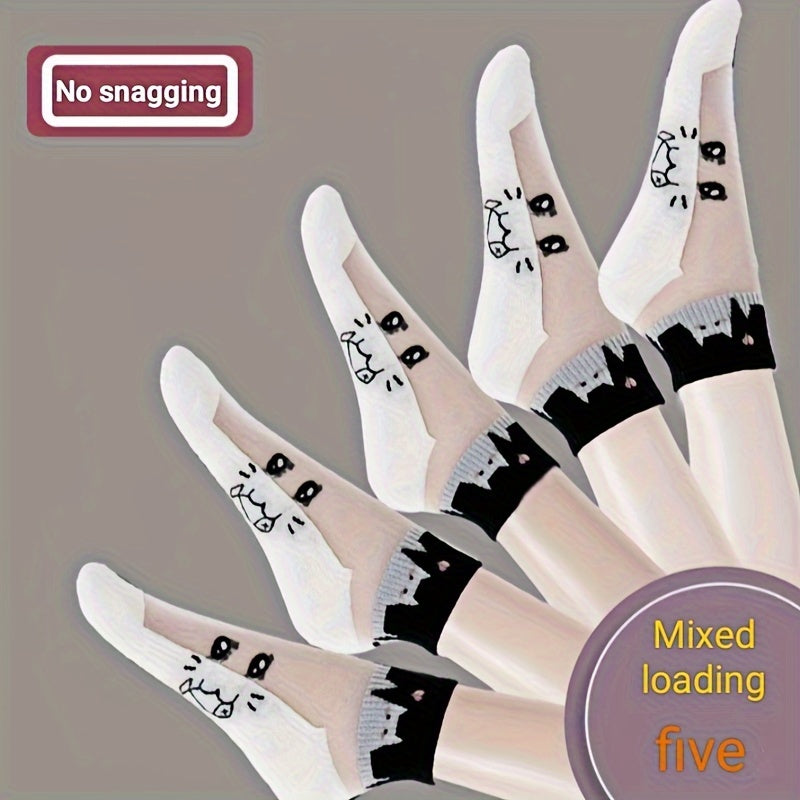 Women's Mesh Socks 5 Pairs Cartoon Cat Breathable Sweat-Absorbent Anti-Odor