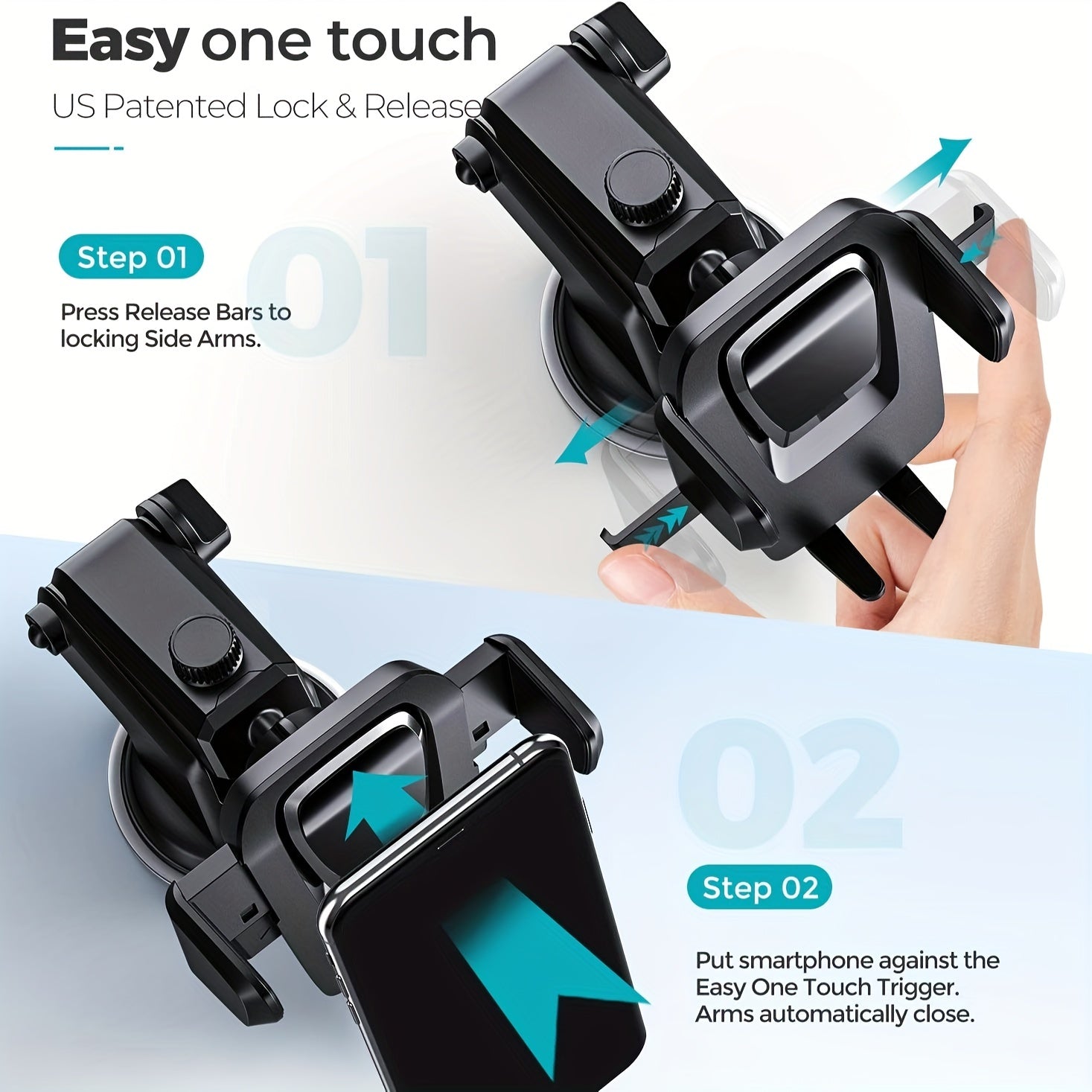 Yuvilishi mumkin bo'lgan yopishqoq bilan jihozlangan avtomobil telefon o'rnatgich, barcha smartfonlarga mos keladi, buriladigan