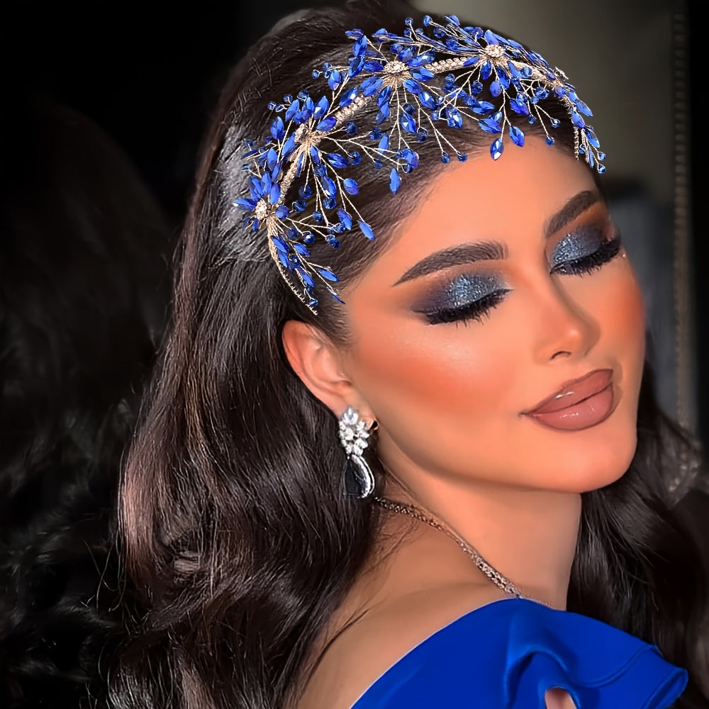 Boho Bridal Tiara Rhinestone Beaded Crown Headband Wedding Accessory in Red Green Blue