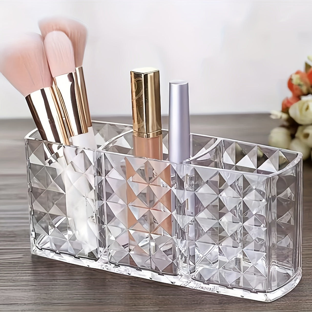 Transparent Makeup Brush Organizer with Geometric Design Large Capacity Multifunctional Storage for Vanity and Bathroom