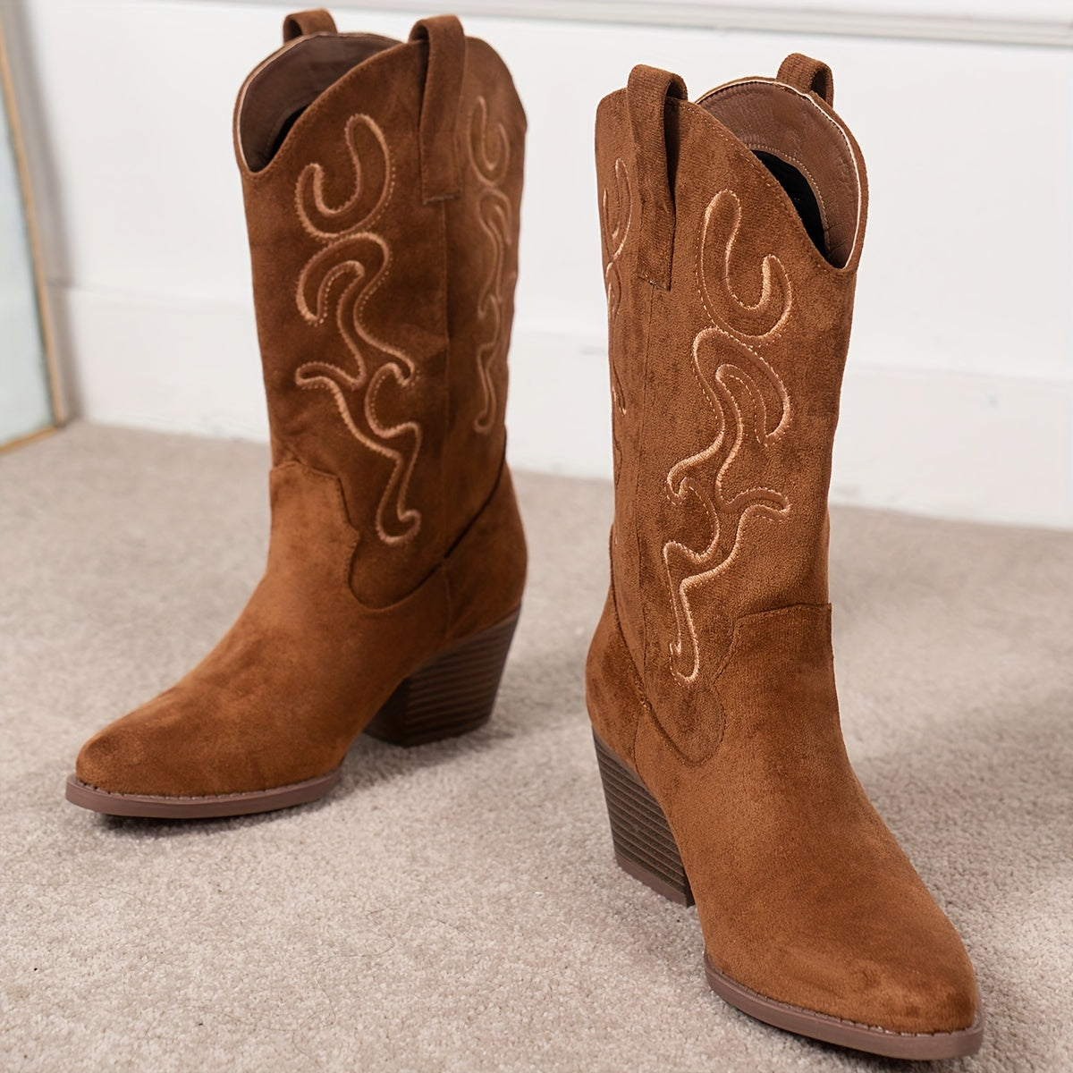 Women's Embroidered Solid Color Boots Slip-On Chunky Heel Western Cowboy