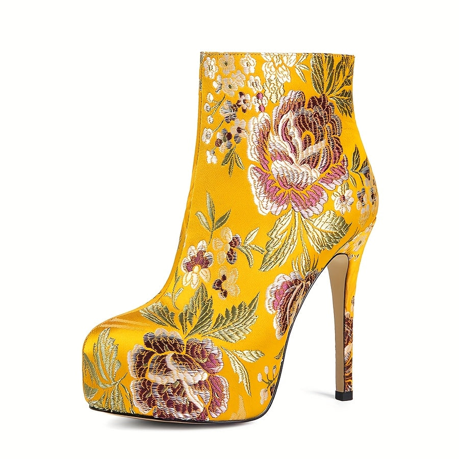 Women Floral Embroidered Ankle Boots Fabric Round Toe Zipper Heels
