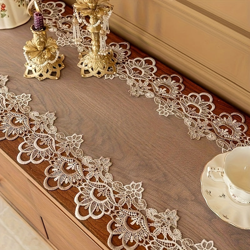 Polyester Square Table Runner with Floral Lace Edging for Dining and Parties