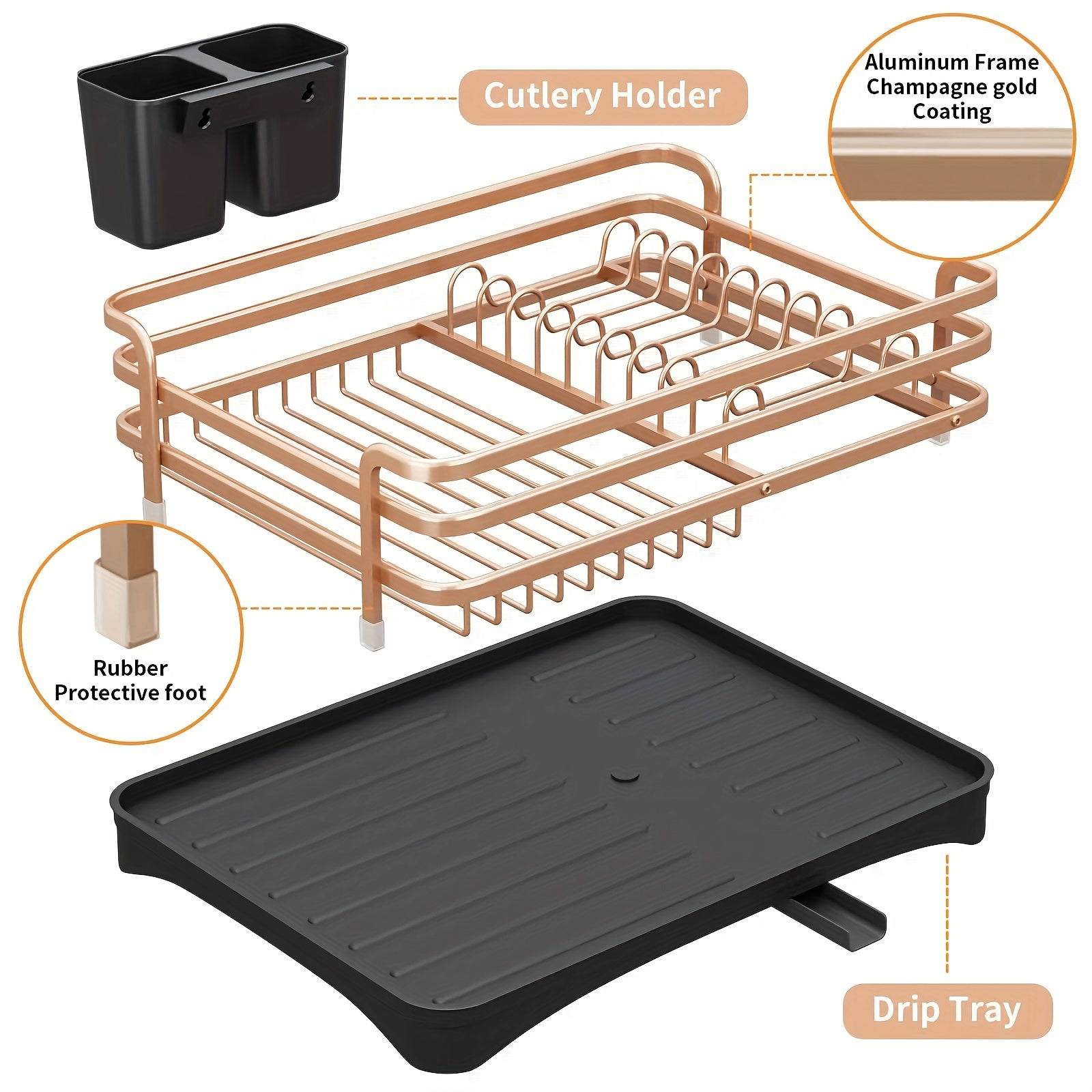 Aluminum Dish Drying Rack with Cutlery Holder Drip Tray Kitchen Organizer