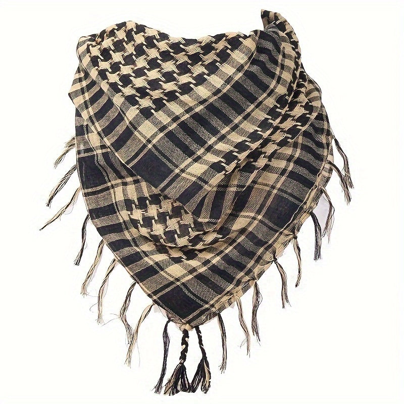 Lightweight Tartan Scarf Windproof Sand-Proof All-Season Polyester Neck Warmer with Fringe