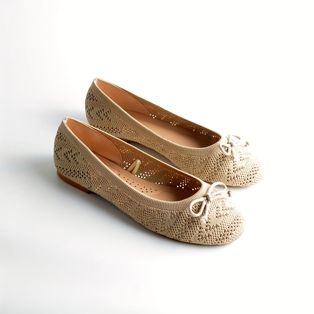 Women Slip-On Ballet Flats Breathable Knit Round-Toe Shoes Black Beige