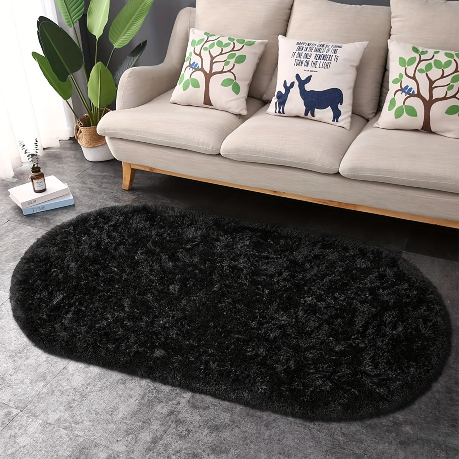 Light Gray Oval Area Rug Soft Plush Polyester Bedroom Living Room Decor