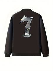 Plus Size Women's Casual Polyester Baseball Collar Jacket with Graphic Print Black