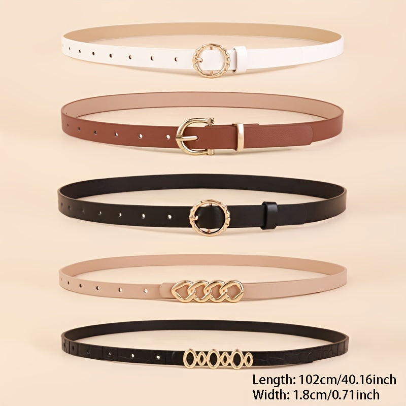 Набор из 5 женских кожаных узких ремней с металлической пряжкой для брюк и платьев
