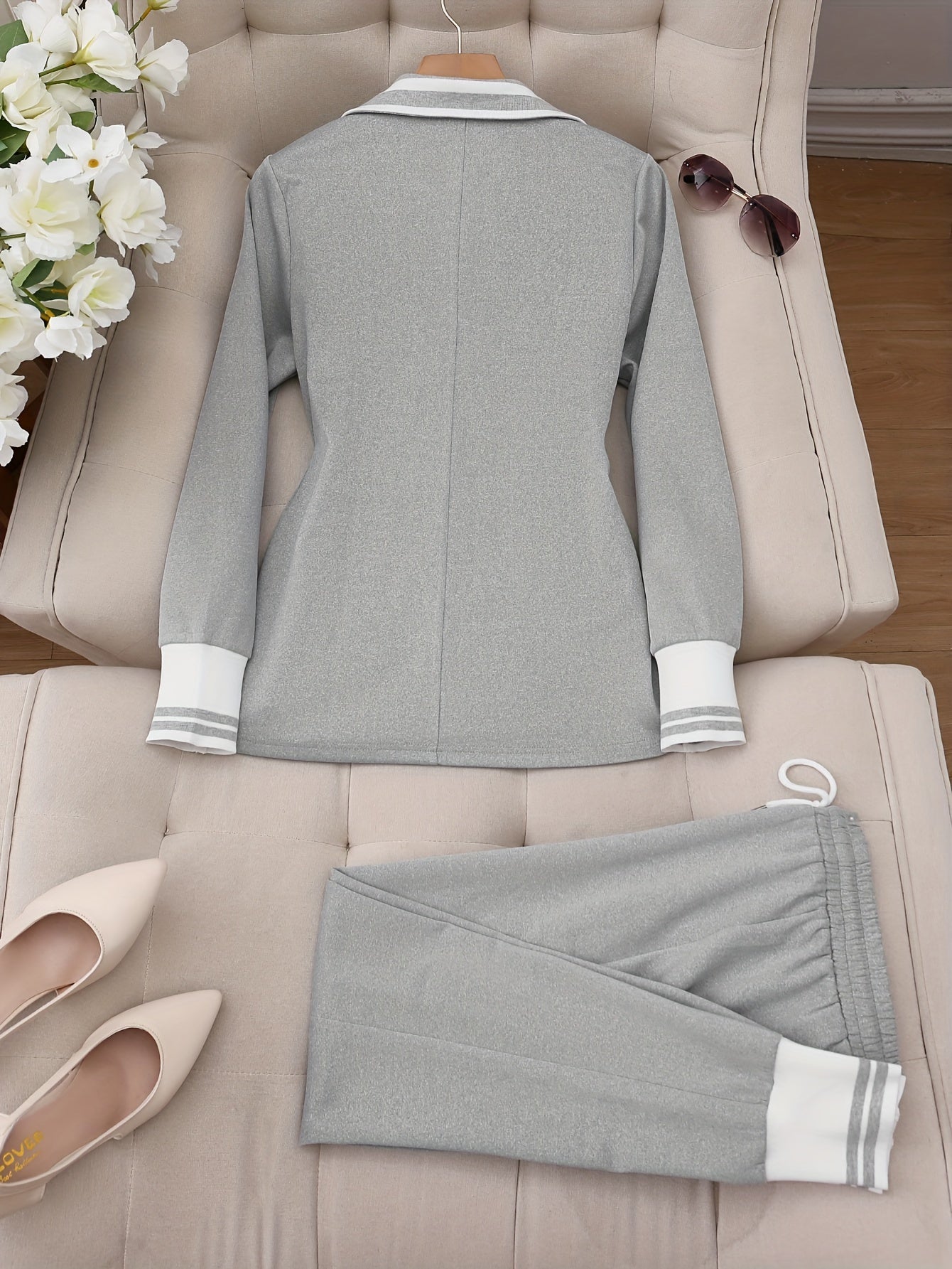 Women's Solid Color Pantsuit with Shawl Collar Blazer and Drawstring Waist Pants