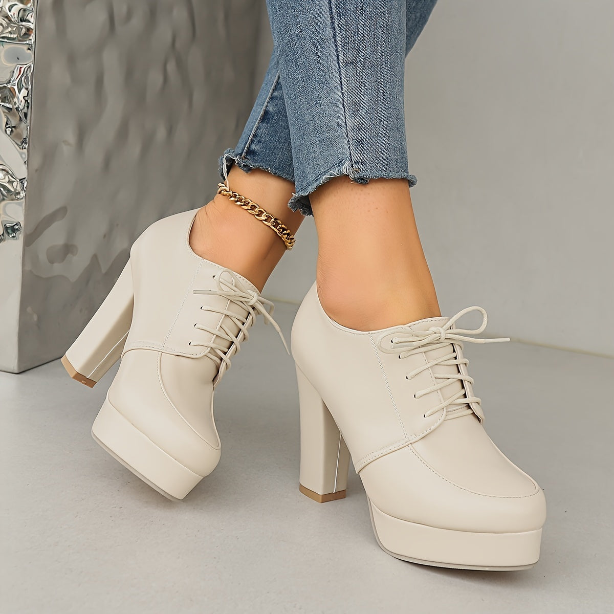 Women High Heel Mary-Jane Shoes Breathable Solid Color All-Season