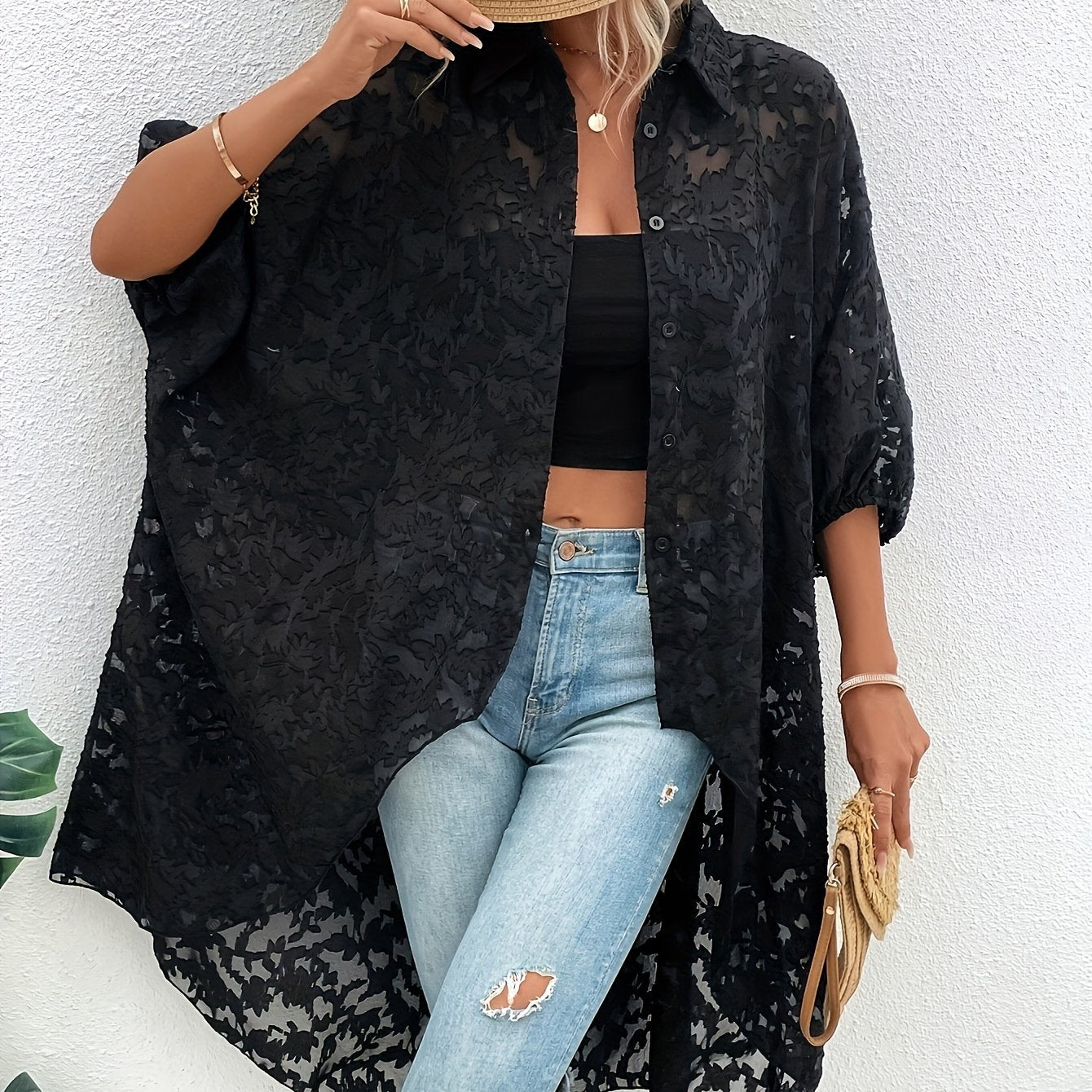 Jacquard Yuqori Past Qirralar Bluzka, Qanotli Yengli, Katta O'lchamdagi Ayollar Kiyimlari