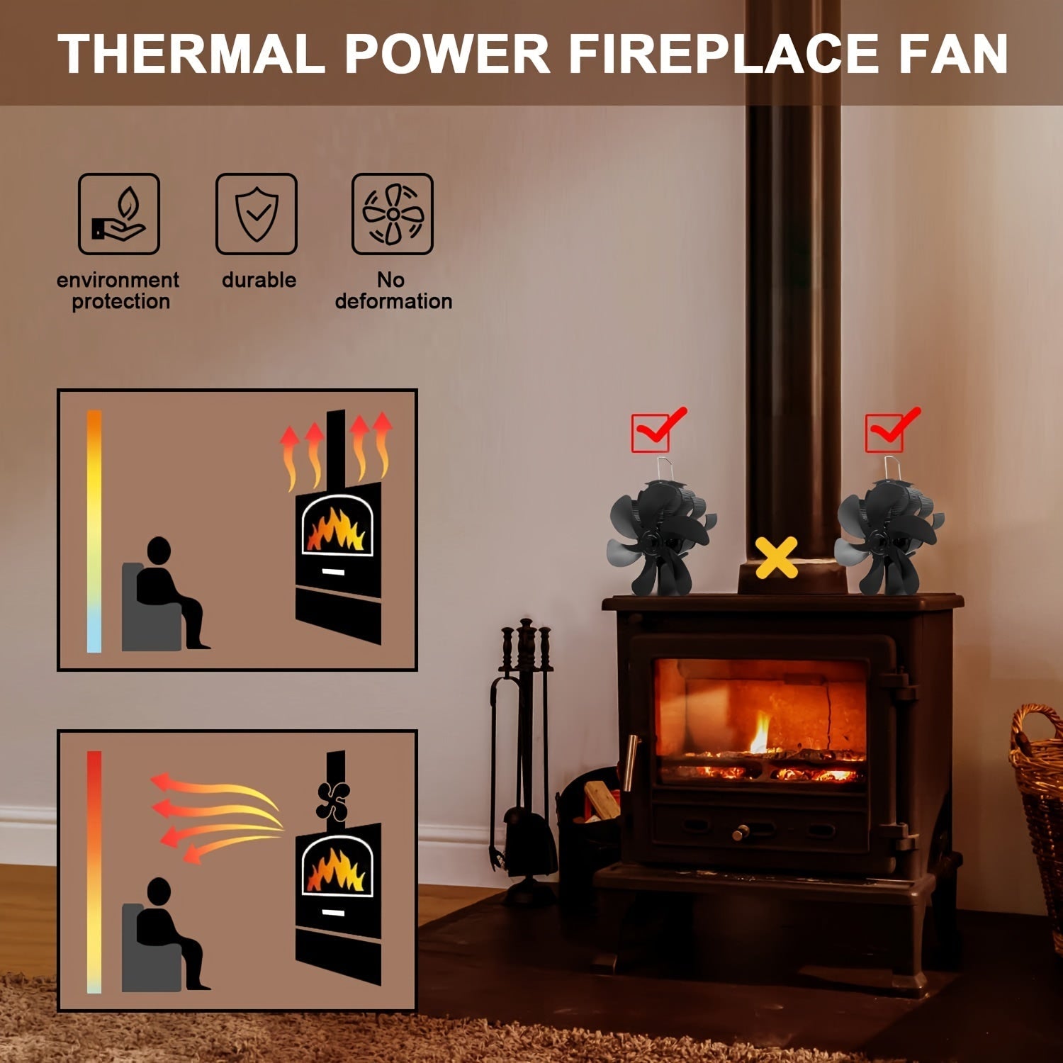 Portable Metal Fireplace Fan 6-Blade Non-Electric Air Circulator for Wood Stoves