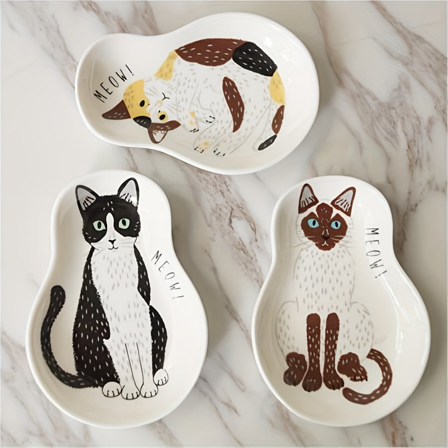 Ceramic Sauce Plate with Kitten Pattern Small Kitchen or Dorm Room Dish
