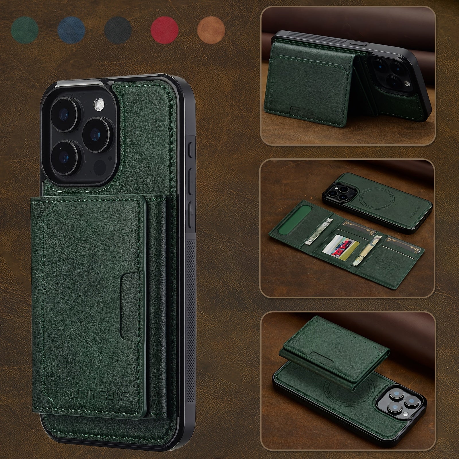 Funda de teléfono de cuero sintético desmontable para iPhone 11-16 con ranuras para tarjetas y carga inalámbrica magnética