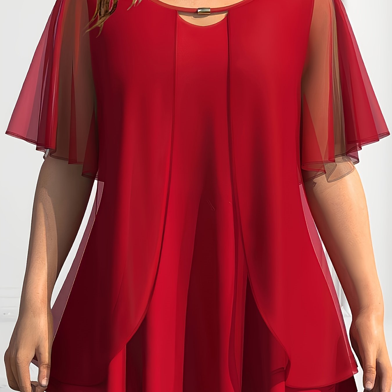 Plus Size Women's Chiffon Short Sleeve Blouse, Lightweight, Keyhole Neckline