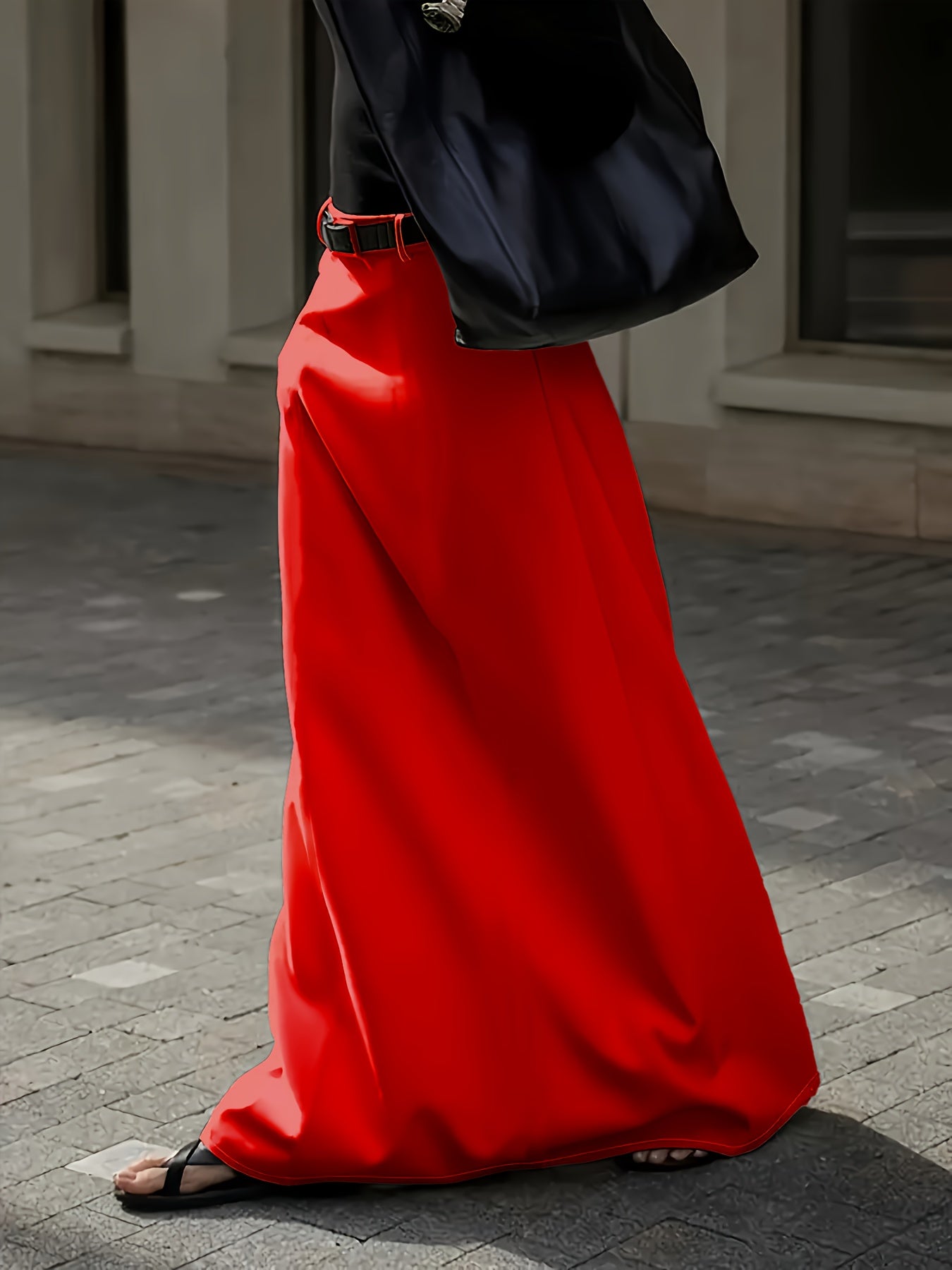 Vestido maxi rojo de talla grande con bolsillos, poliéster, estilo acampanado, ropa casual