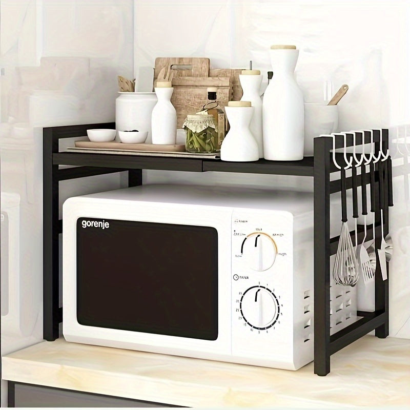 Expandable Black Microwave Oven Rack with Kitchen Shelf and Hooks