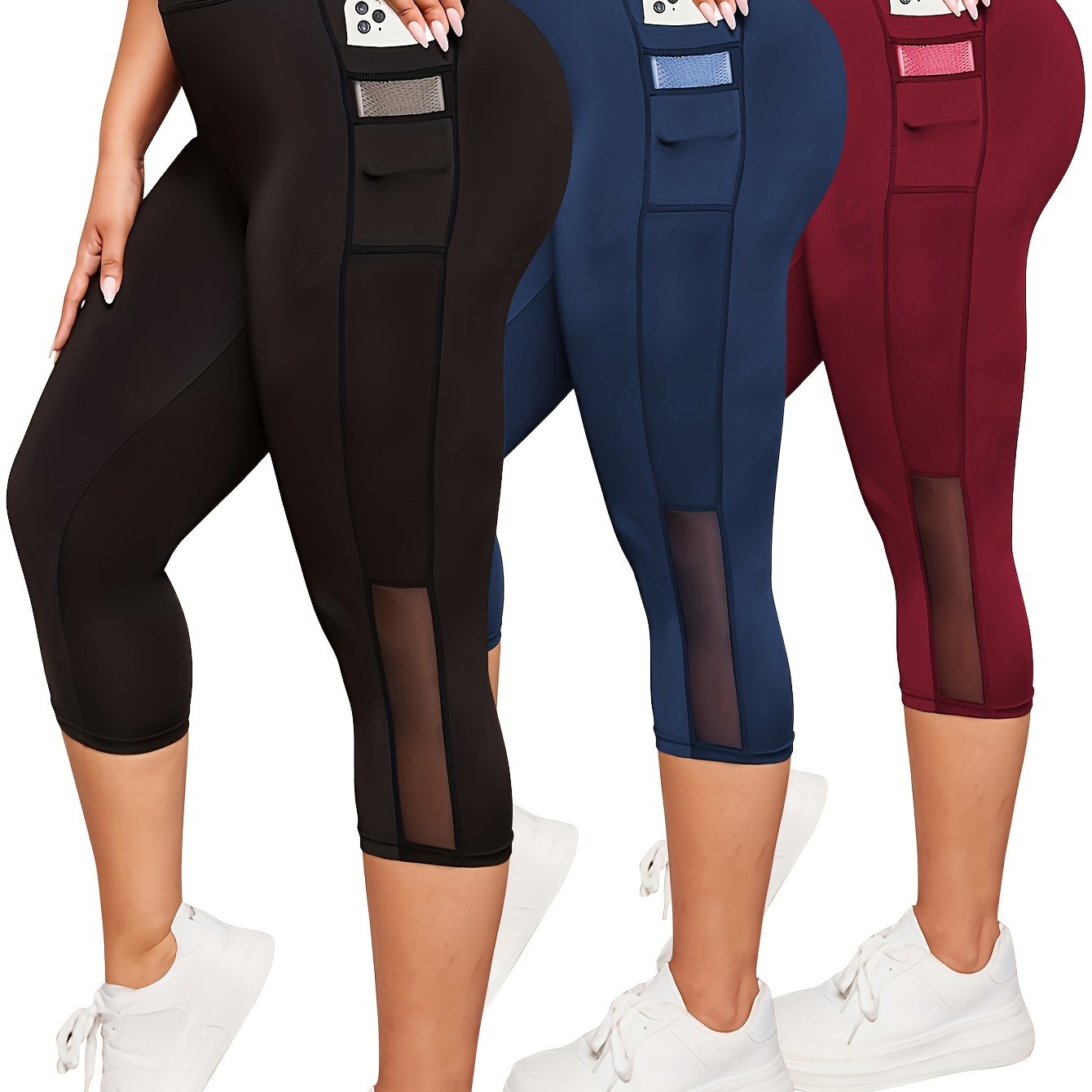 Women's High-Waist Tummy Control Yoga Capris with Pockets and Mesh Contrast in Black