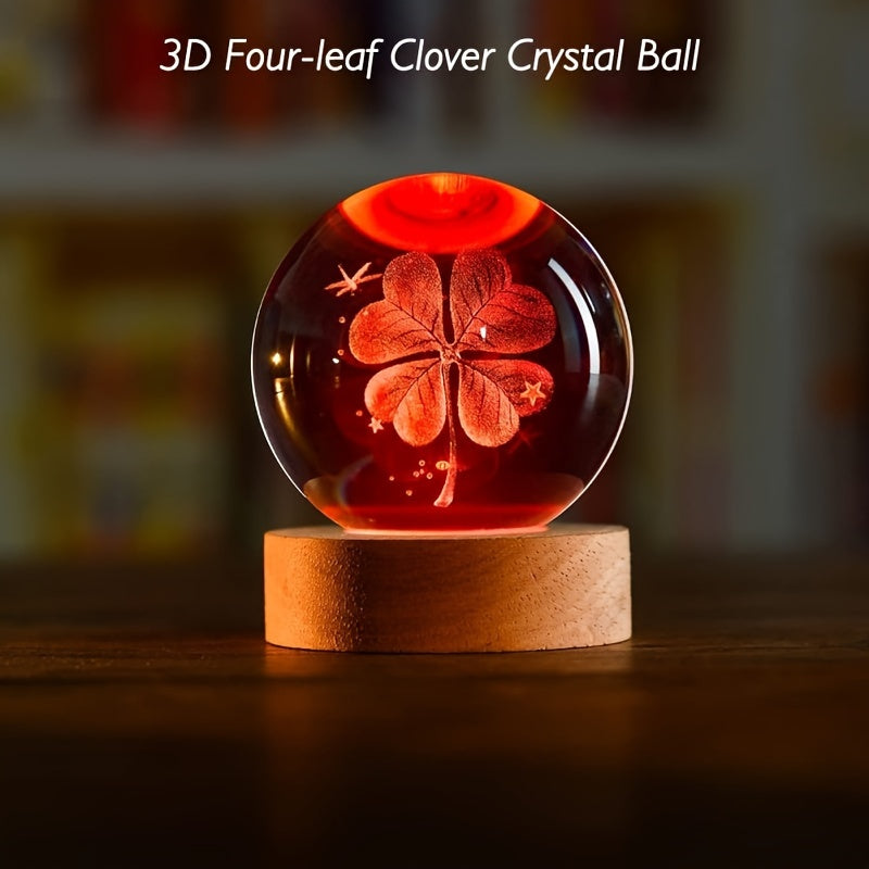 Lámpara de noche de bola de cristal 3D con base LED, decoración de escritorio de madera USB para dormitorio, regalo