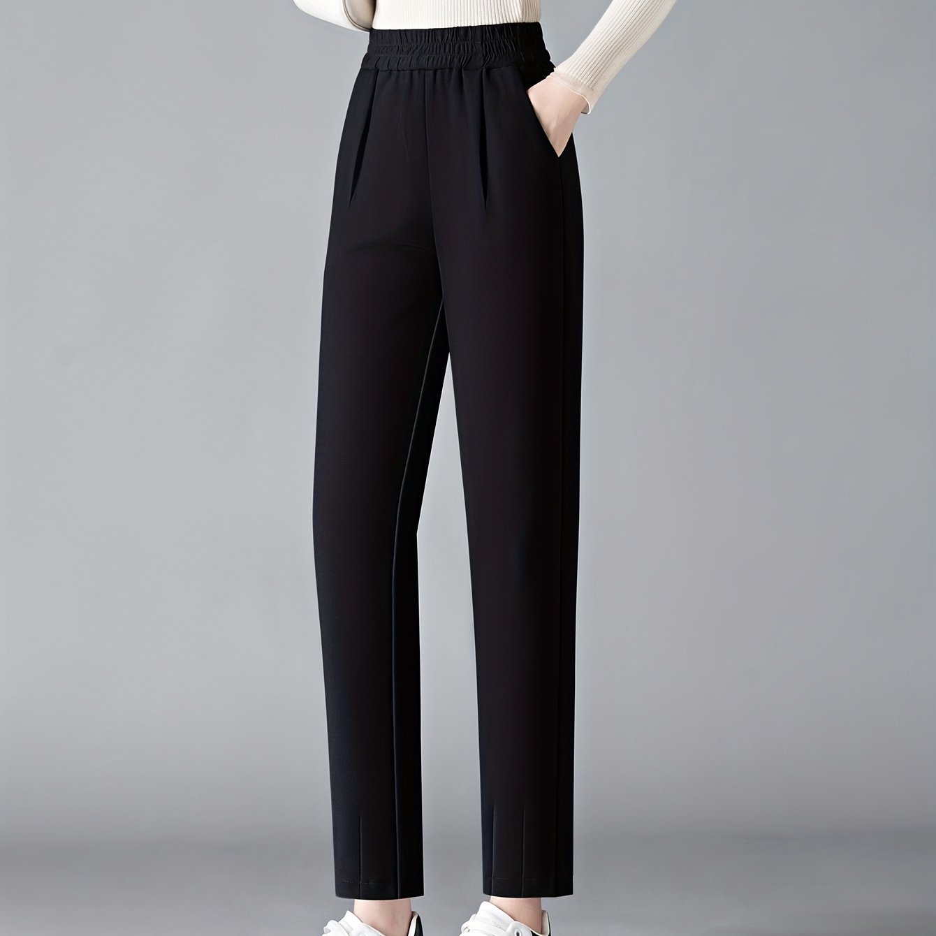 Women's Slimming High-Waist Harem Pants Brown Elastic Waist Straight Leg