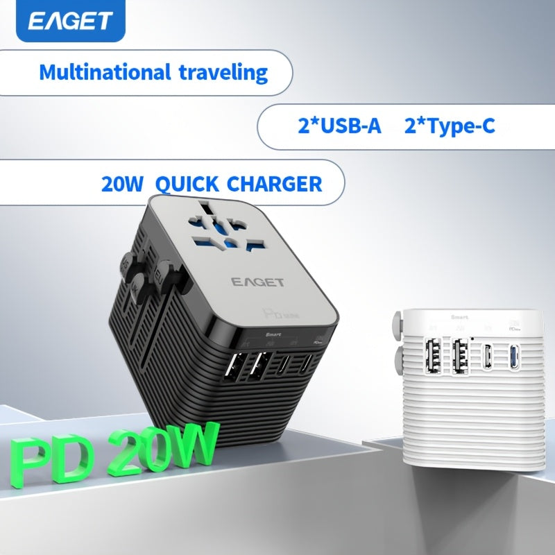 EAGET PD 20W Universal Sayohat Zaryadlovchisi 2 USB-A va 2 USB-C Port bilan, iPhone, Samsung, Vivo, Xiaomi uchun Tez Zaryad, Bir nechta Mamlakatlar uchun Barcha-in-Bir Socket Adapter, Siqilgan va Mustahkam.
