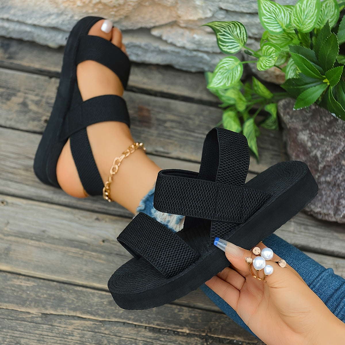 Women's Open-Toe Slip-On Sandals with Adjustable Straps, Breathable Fabric