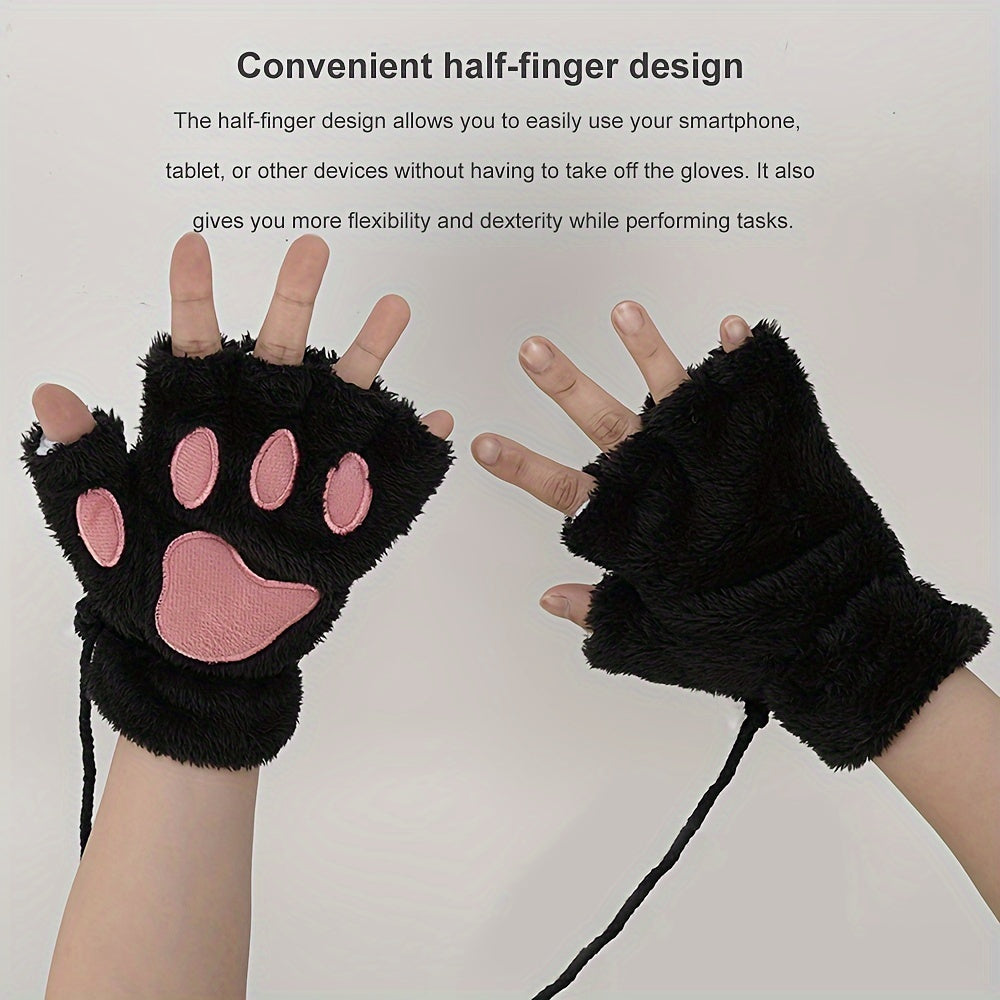 Cozy Cat Paw Fingerless Gloves for Girls Soft Cotton Blend Black Pink Heart Design