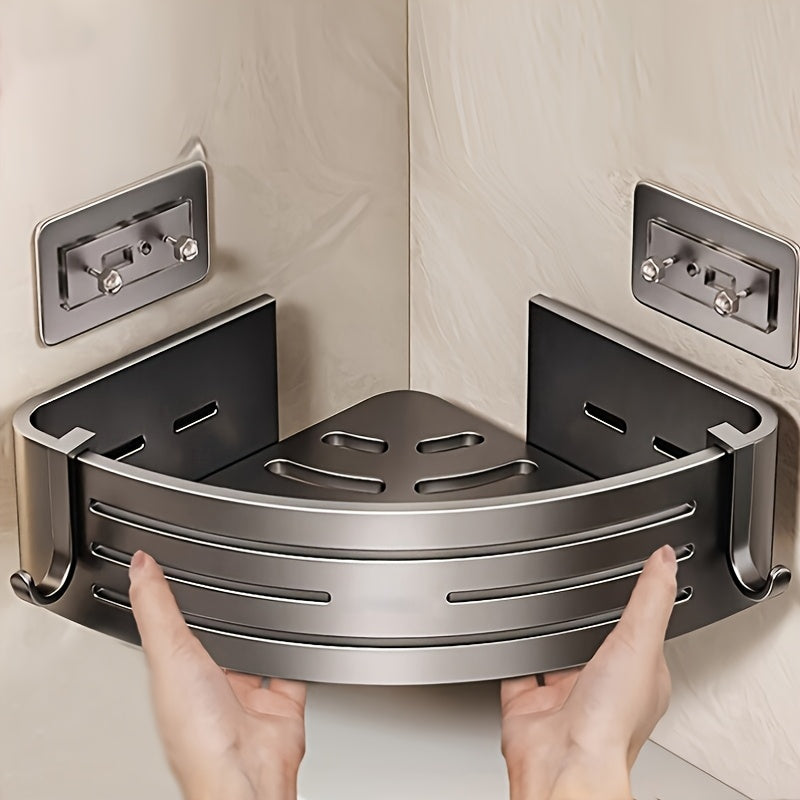 Aluminum Shower Organizer with Hooks Self-Adhesive Rust-Resistant Bathroom Shelf