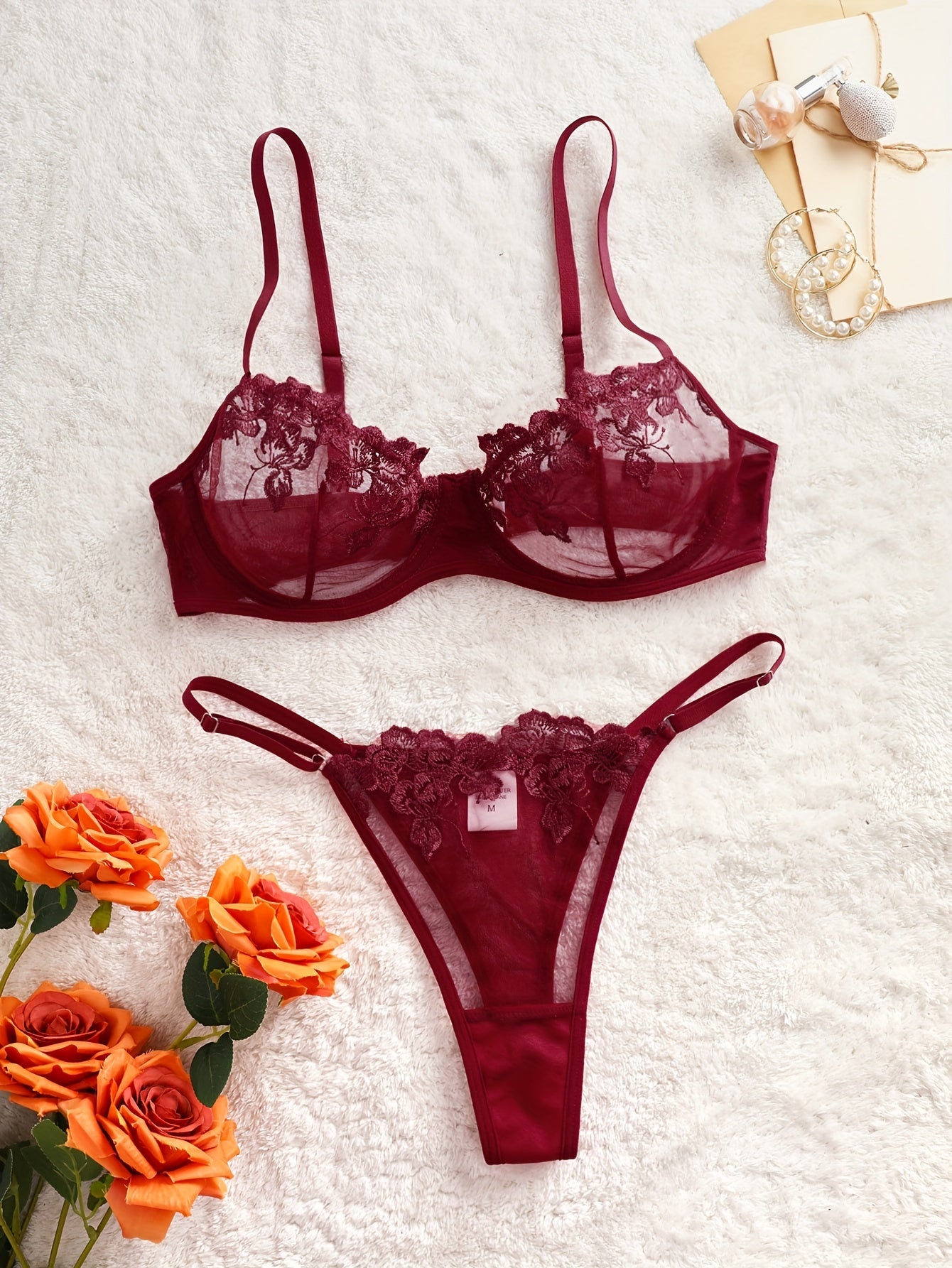 Women's Floral Lace Lingerie Set Mesh Bra and Thong Semi-Sheer Variety of Colors