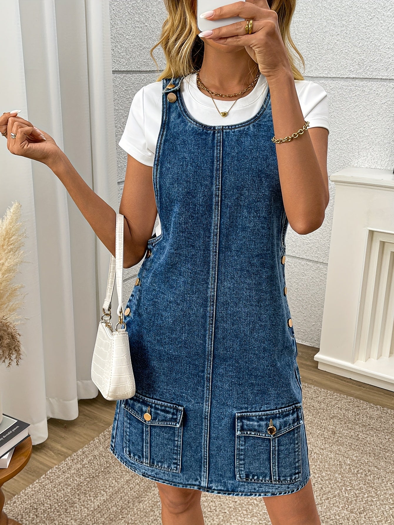 Women's Plus Size Denim Jumpsuit With Short Sleeve White T-Shirt Layer