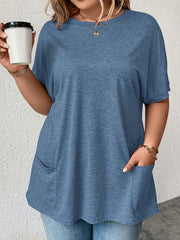 Women's Casual Polyester Blend Crew Neck T-Shirt with Pocket Short Sleeve