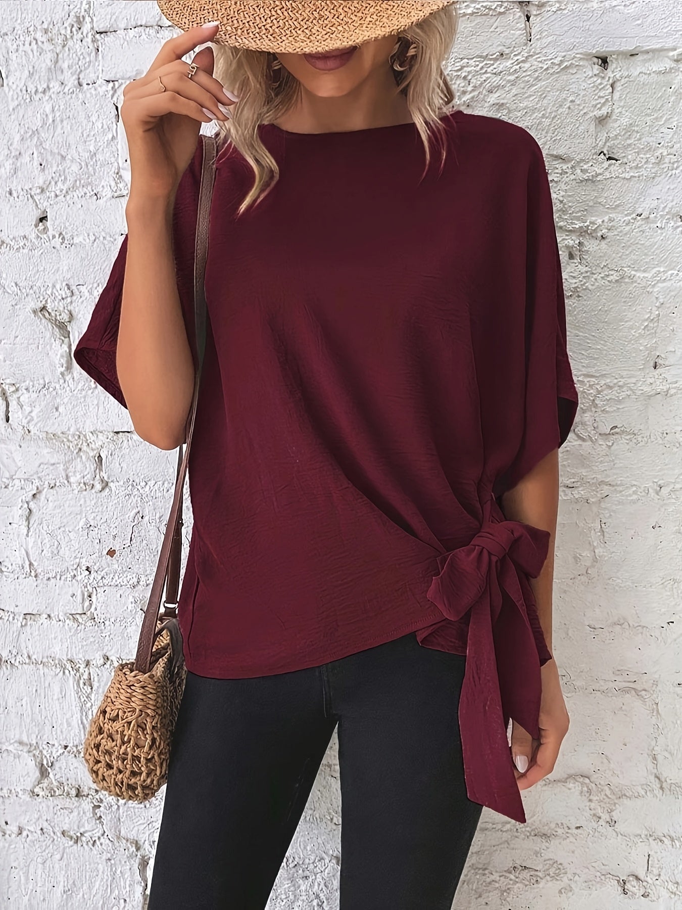 Plus Size Women's Batwing Sleeve Blouse Asymmetrical Knot Casual Shirt