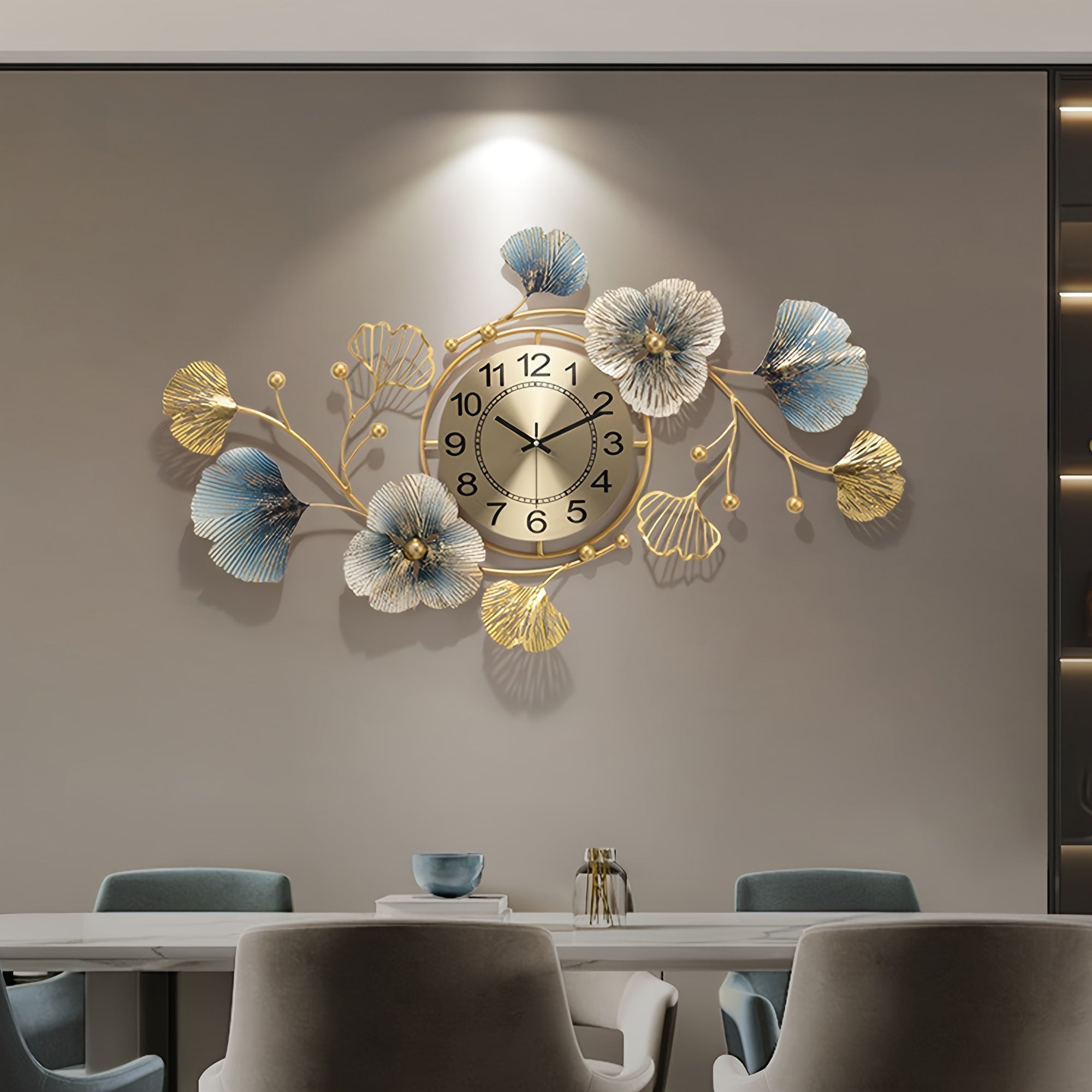 Ginkgo Leaf Metal Wall Clock Silent Floral Design Battery Operated