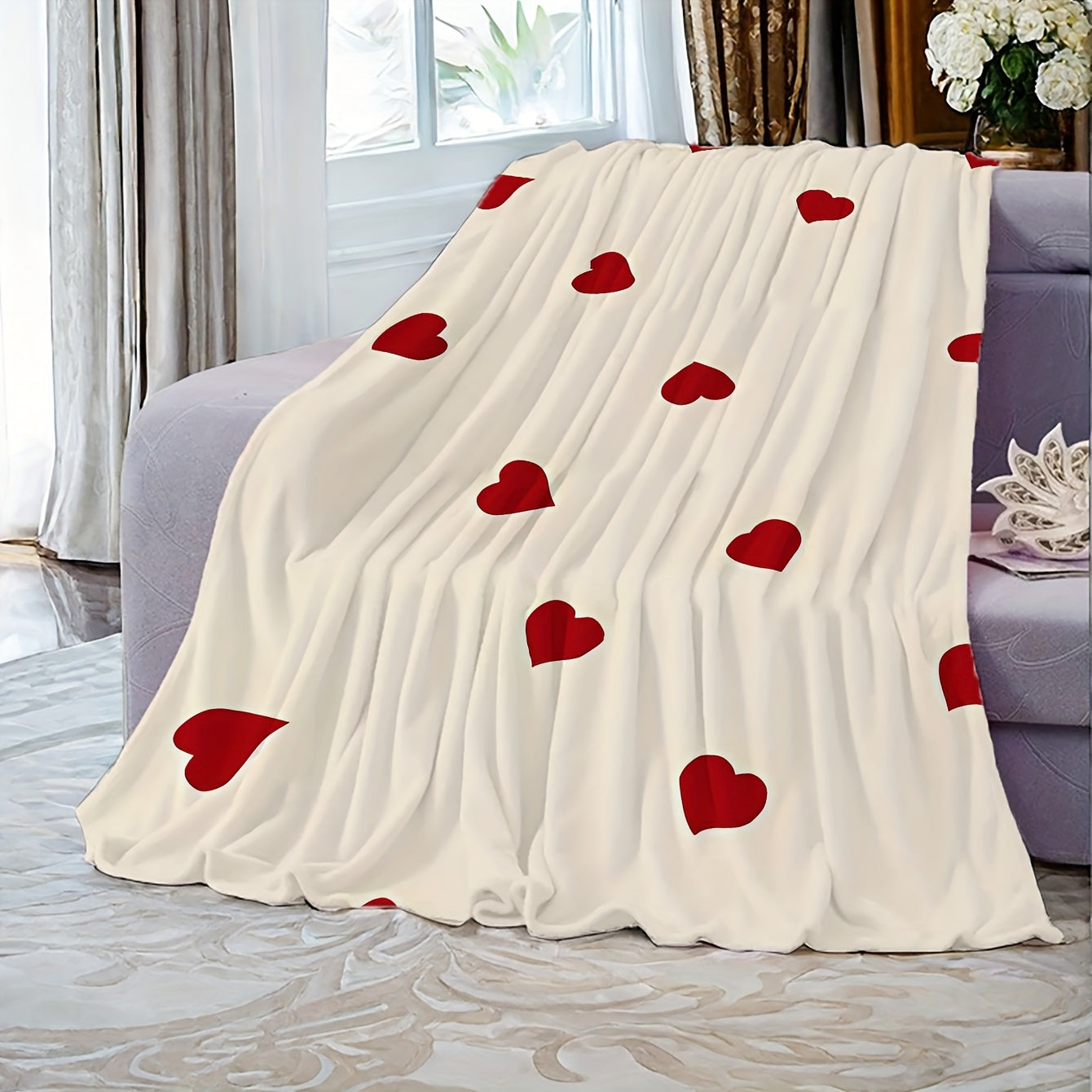 Red Heart Pattern Throw Blanket Cozy Polyester Coral Fleece for Couch Bed Camping
