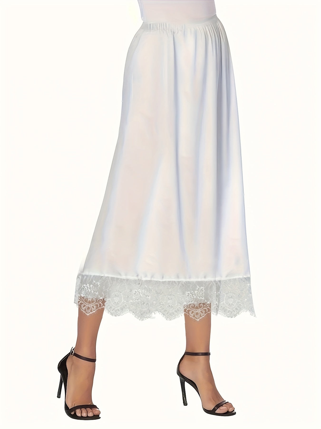 Women's Plus Size Midi Skirt with Lace Trim Polyester Flared Solid Color