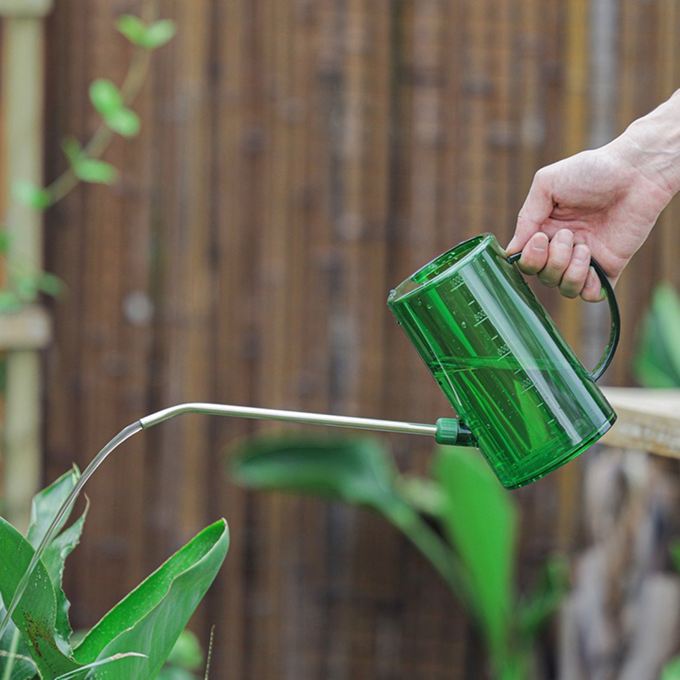 Uydagi o'simliklarni parvarish qilish uchun uzun quvurli zanglamaydigan po'latdan yasalgan sug'orish idishi, bosimli purkagichsiz, tashqi o'simliklar uchun mos.