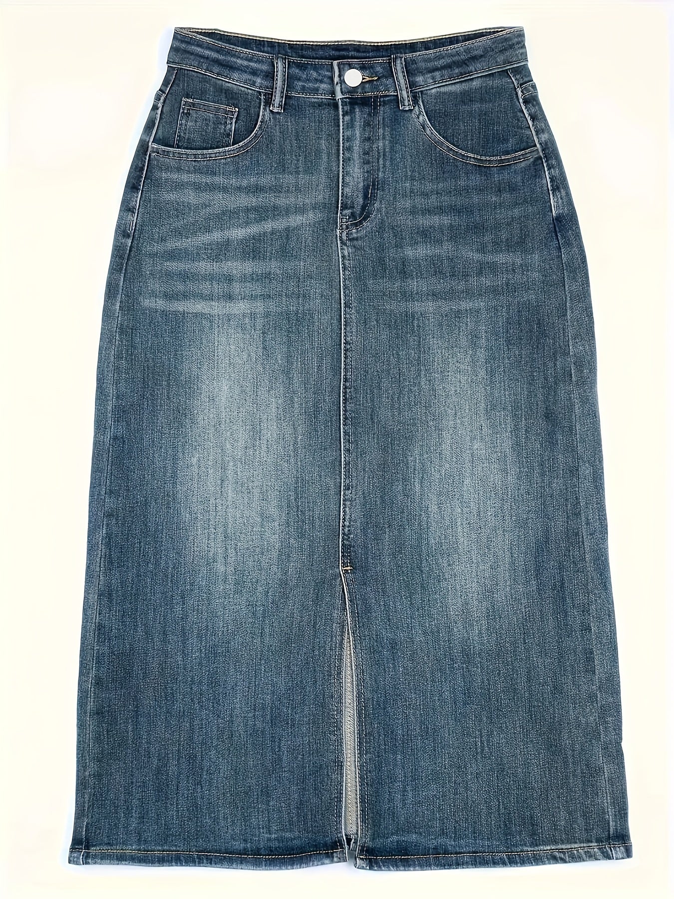 Women's Plus Size High-Waisted Denim Midi Skirt Stretchy Split Hem