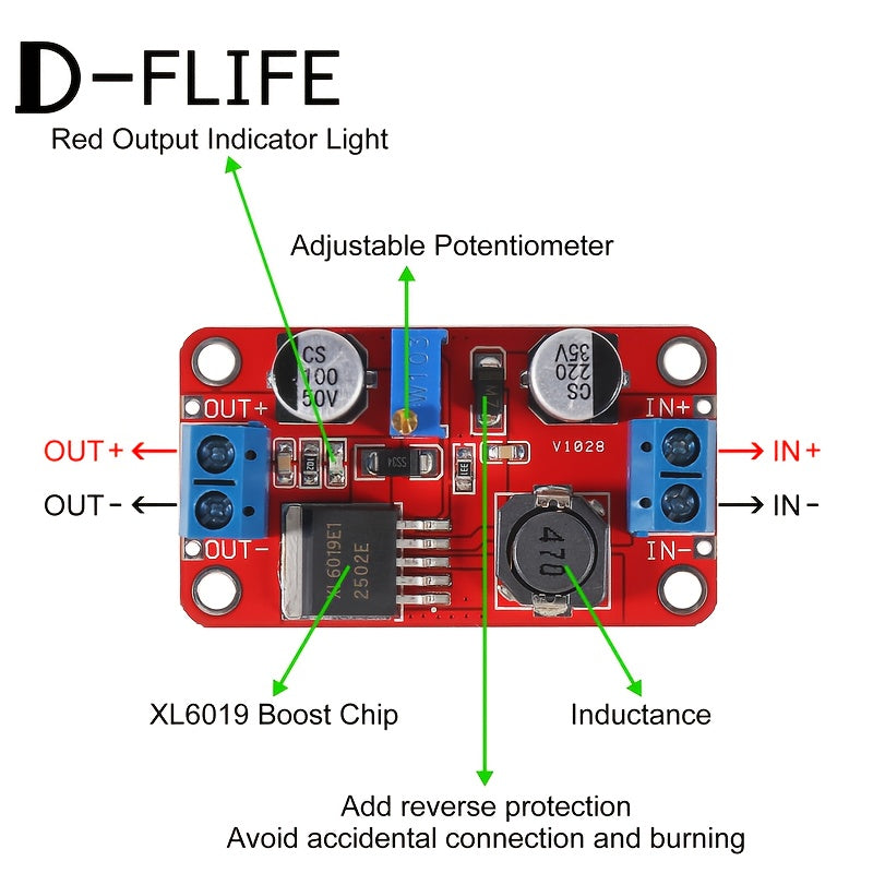 D-FLIFE Yuqori Quvvatli XL6019 DC Step-Up Konvertor Moduli, Moslashtiriladigan Voltaj, O'rnatilgan O'rnatish, Mis Aloqa, Tez Ulanish, Quvvat Talab Qilmaydi.