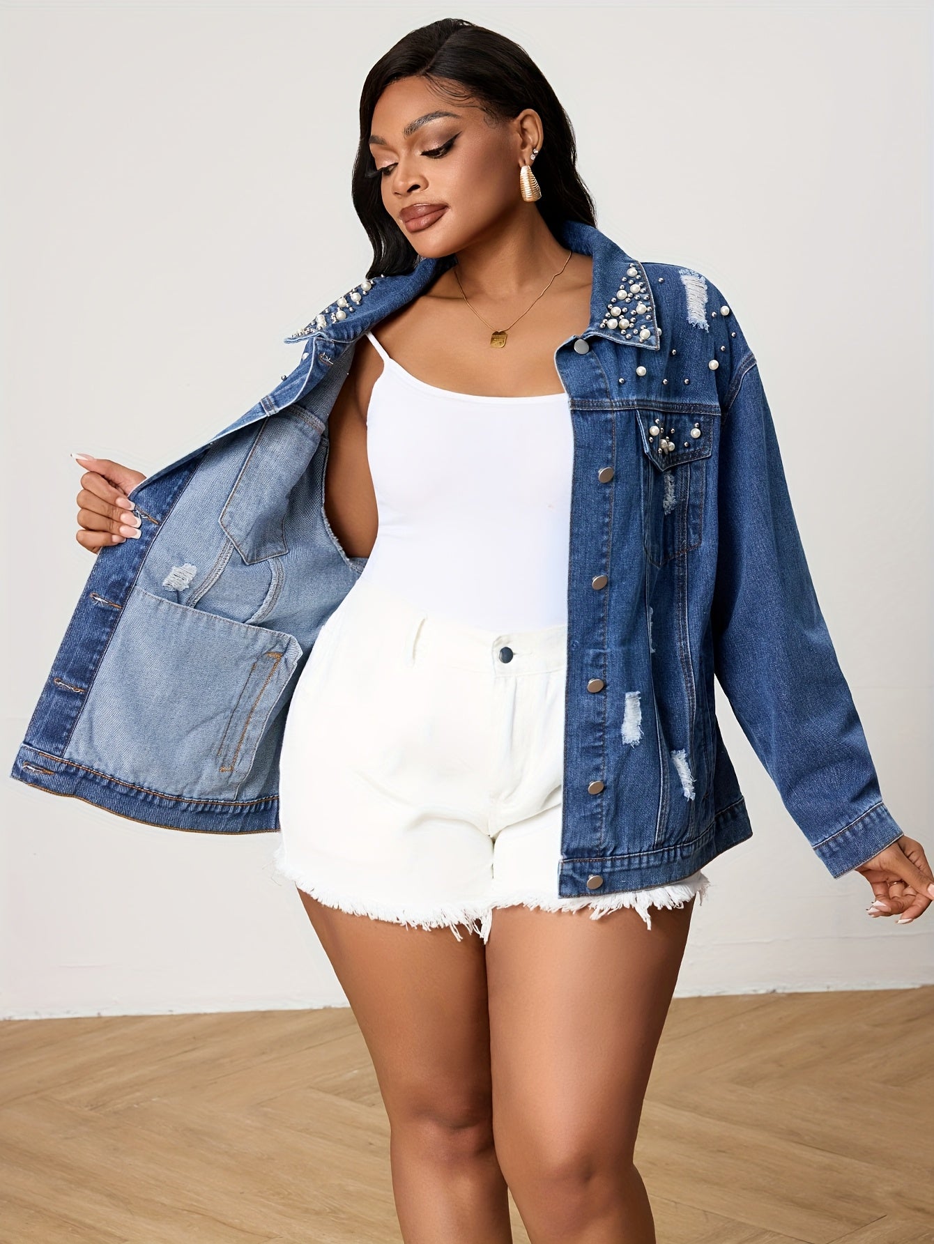 Plus-Size Women's Pearl Distressed Denim Jacket Outerwear