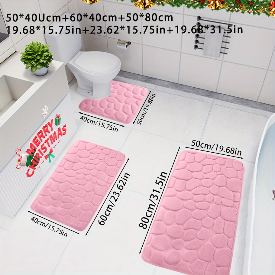 3-Piece Christmas Bath Mat Set Ultra-Absorbent Non-Slip Soft Polyester Knit Rug for Tub Shower Home