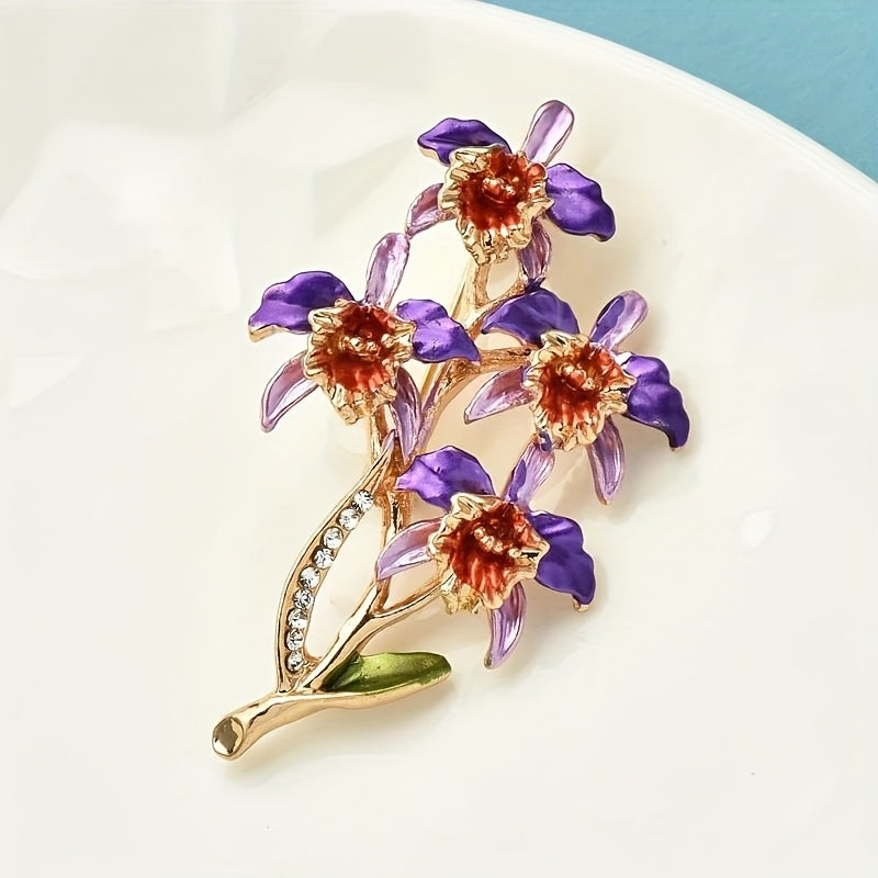 Enamel Flower Brooch Pin with Rhinestones Vintage Floral Jewelry for Women