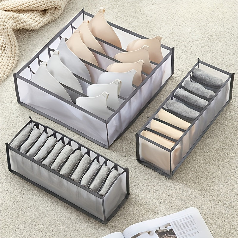 Juego de tres organizadores de cajones plegables de poliéster con 6/7/11 compartimentos para calcetines, sujetadores, corbatas y ropa interior