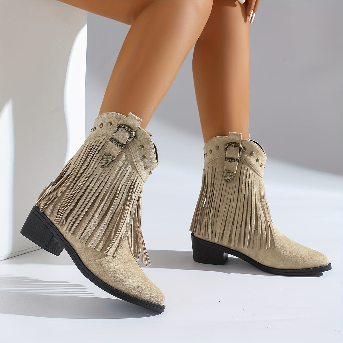 Women's Ankle Boots Leather Slip-On Pointed Toe Fringe Buckle Beige All-Season