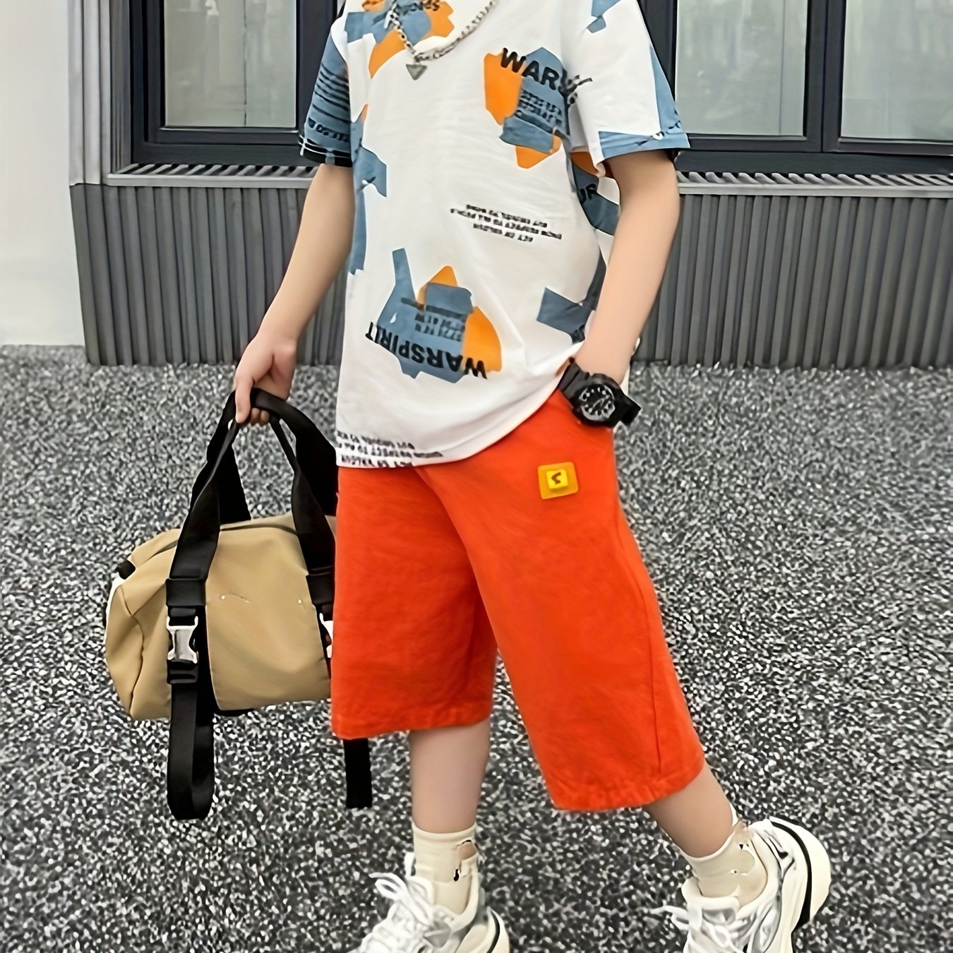 Boys Summer Sportswear Set Cotton Letter Print Shorts T-Shirt Casual Outdoor