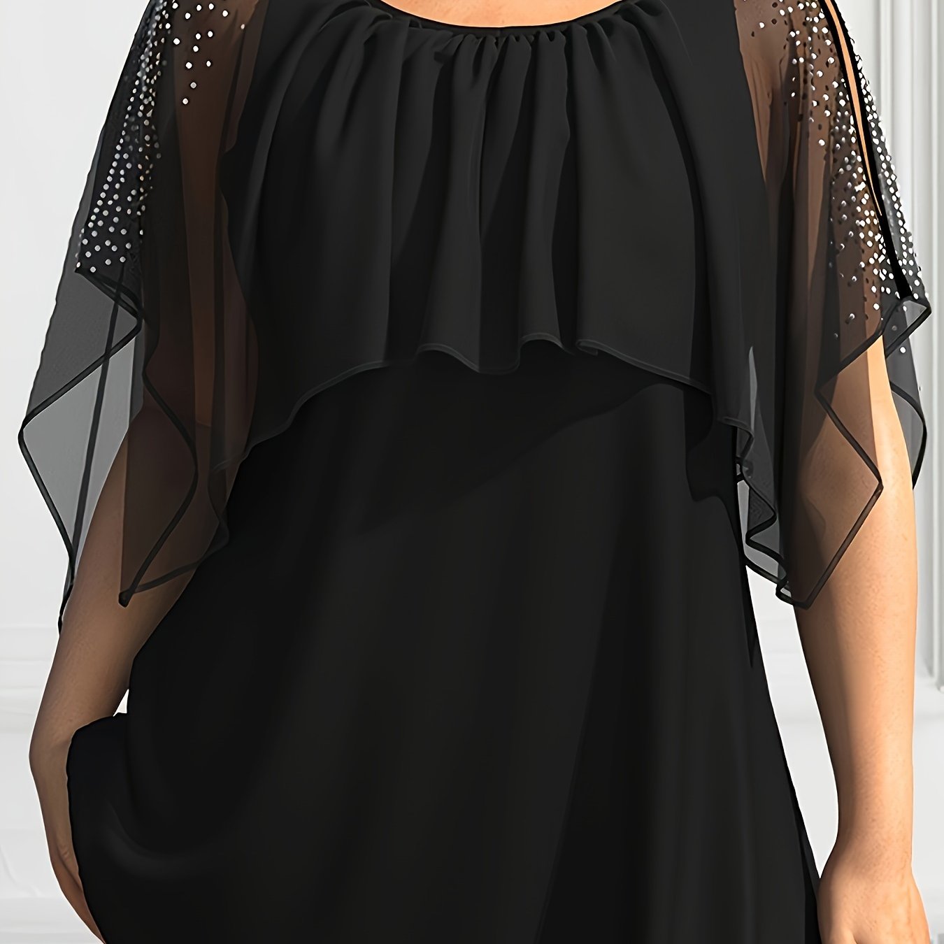 Plus Size Women's Chiffon Blouse with Pearl Embellishments Black Ruffled Sleeves